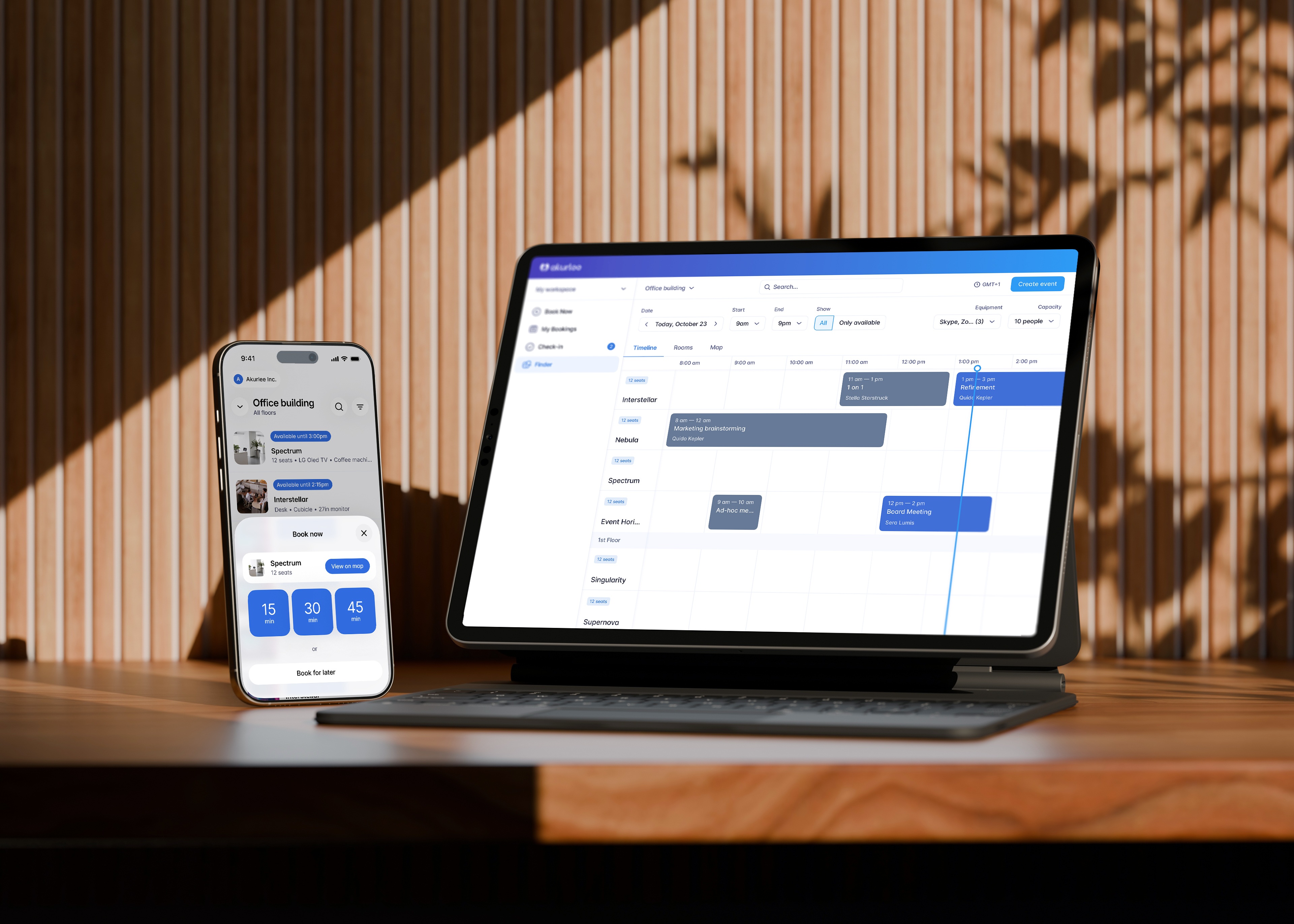 Comprehensive workplace management software Akurlee on your phone, desktop, and display